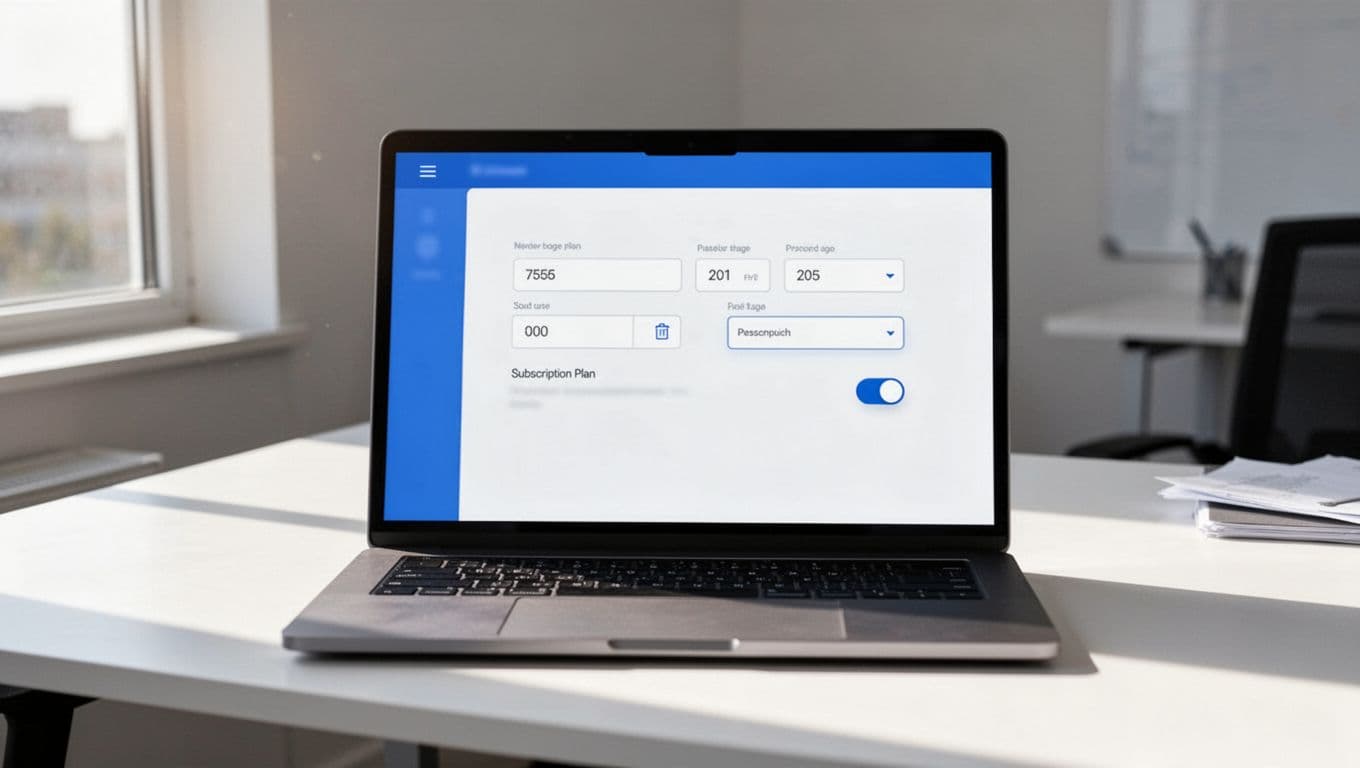 Laptop on modern office desk displays subscription billing plan setup interface with form fields.