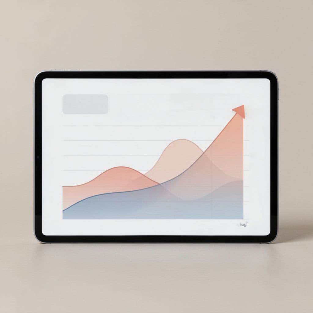 A minimalist tablet display shows clean geometric growth charts indicating upward revenue trends.