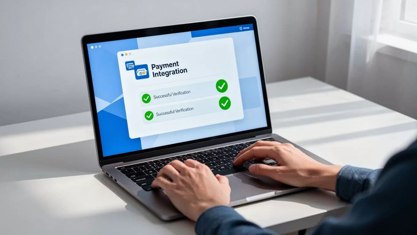Laptop screen shows green checkmarks confirming Stripe verification on Skool payments page, relaxed hands nearby on simple desk.