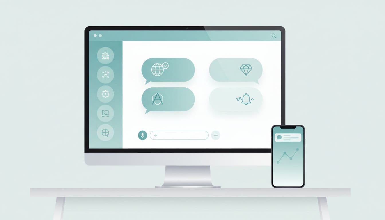 Desk setup with screen showing simple chat bubbles and abstract website-alert icons, plus phone notification.