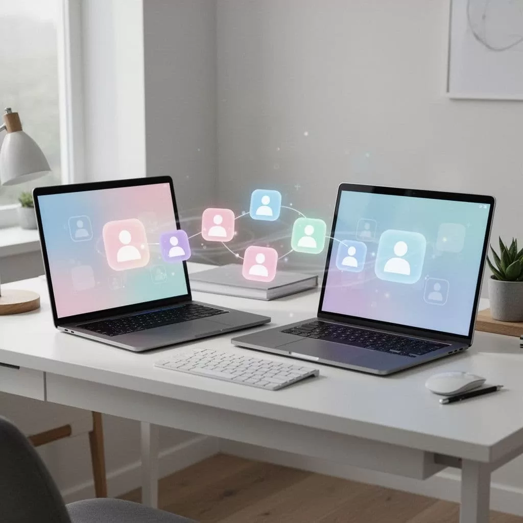 Laptop screens in a professional workspace display icons of digital contacts synchronizing between them.