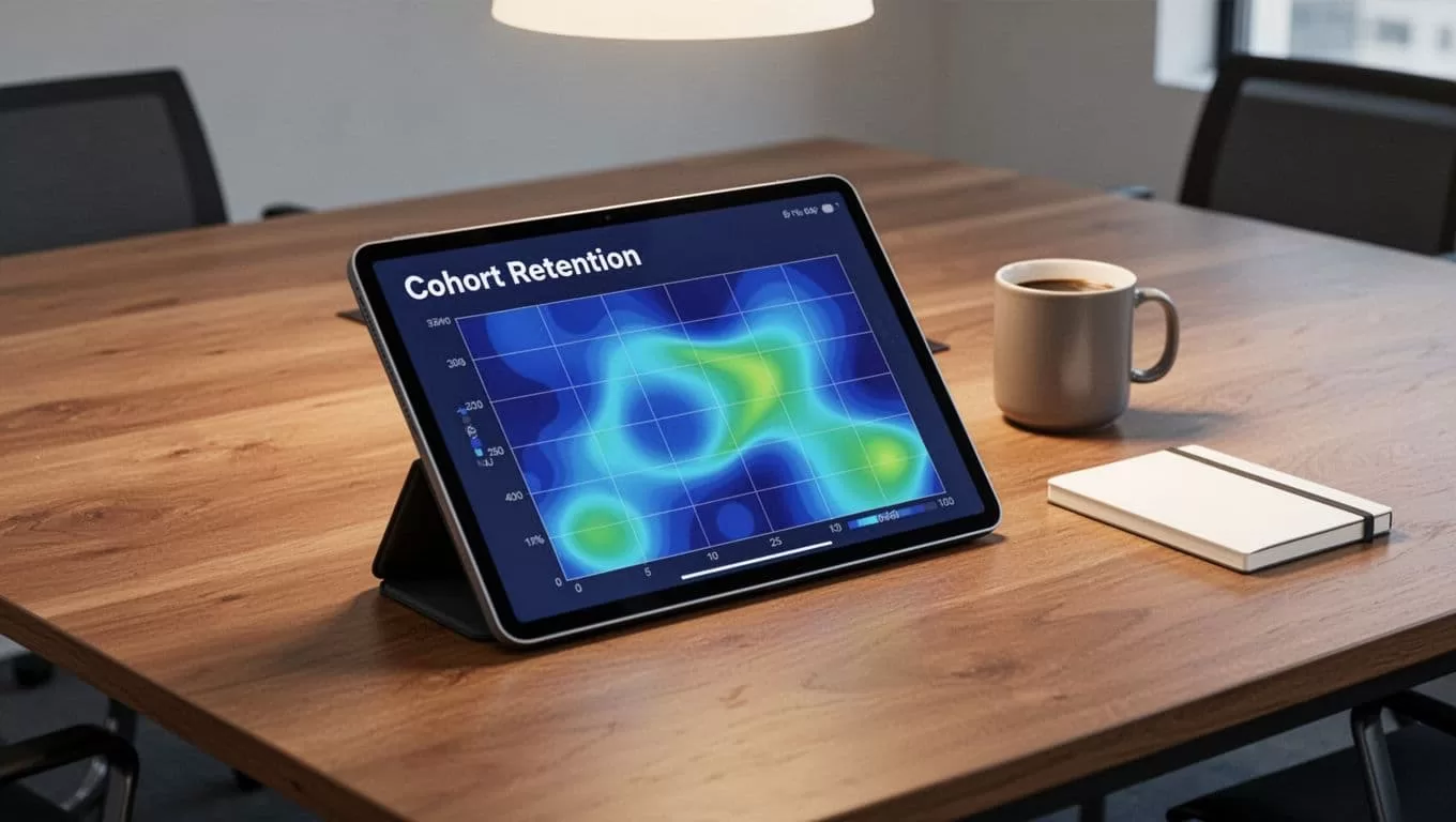Tablet on wooden conference table displays abstract cohort grid heatmap with color gradients, coffee mug and notebook nearby.