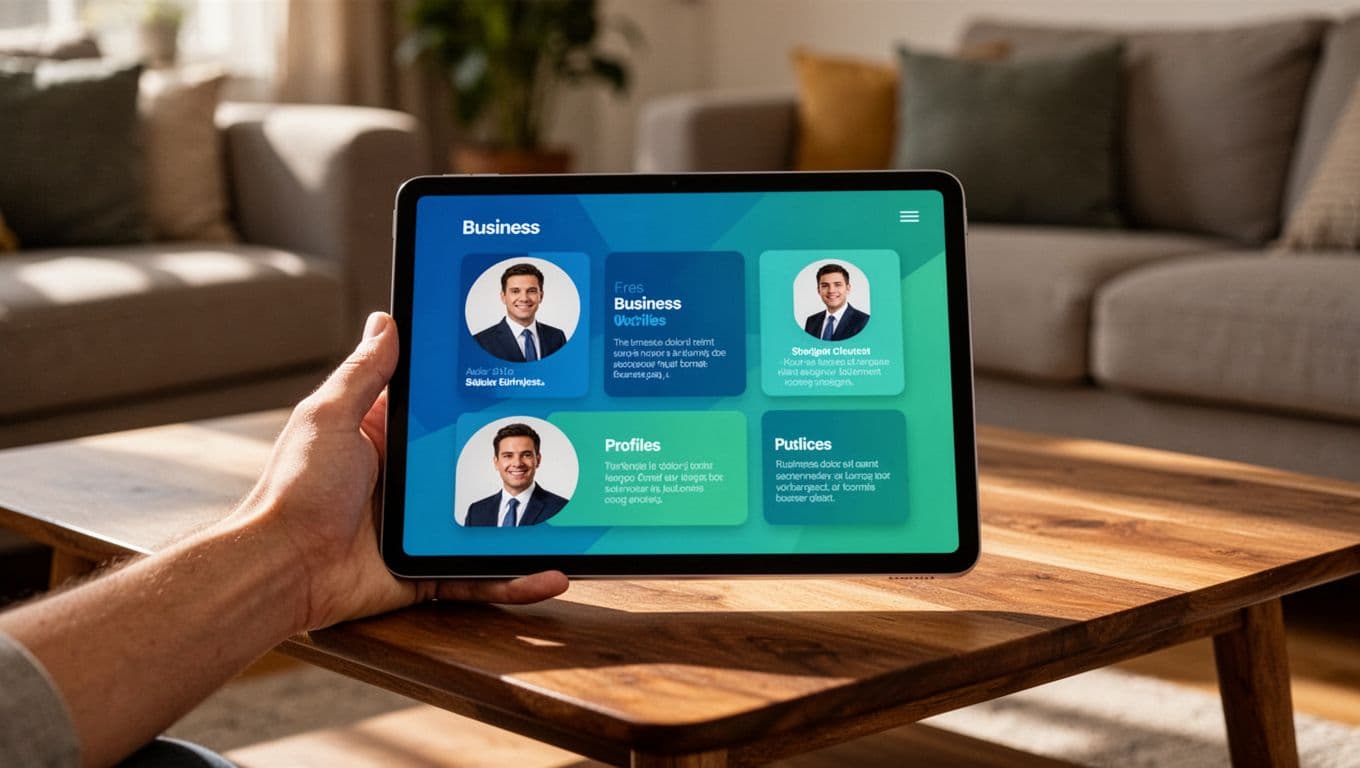 Hand holds tablet on wooden table in cozy living room, screen showing business profiles with photos.