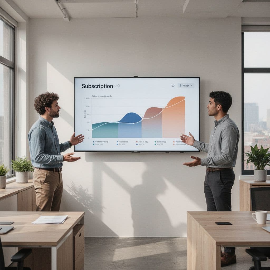 Two professional team members stand before a wall-mounted monitor displaying complex business data growth charts.