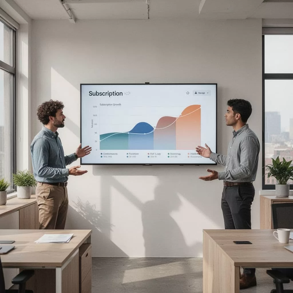 Two professional team members stand before a wall-mounted monitor displaying complex business data growth charts.