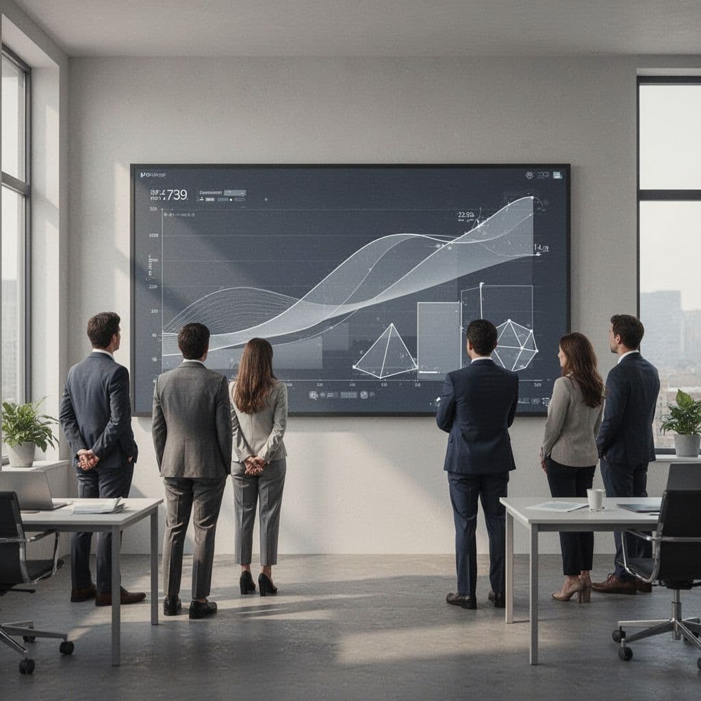 A silhouette of a professional team reviews abstract growth charts displayed on a modern wall.