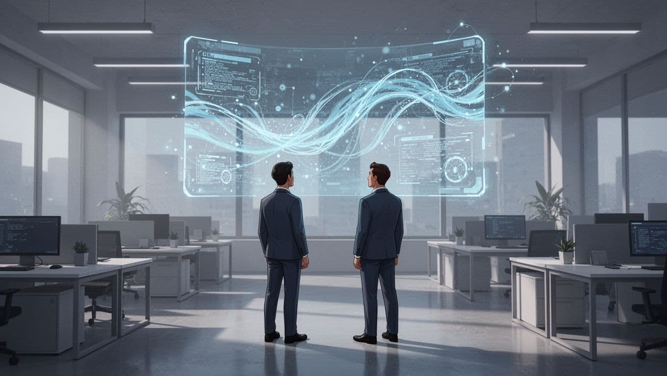 Two professionals in a minimalist office observe a large floating digital screen filled with glowing abstract data flows. Soft blue lines connect geometric shapes across the bright, clean workspace environment.