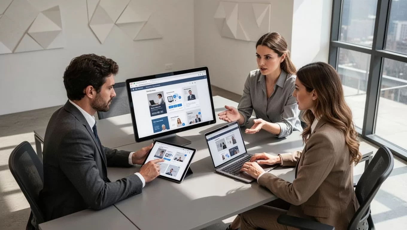 Diverse professionals gather around a sleek, light-colored desk to analyze digital marketing data on tablets. Soft geometric shapes define the workspace, creating a clean, organized, and highly professional collaborative atmosphere.