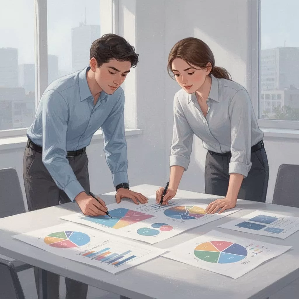 Two figures work together at a table reviewing abstract data charts in a clean, professional space.