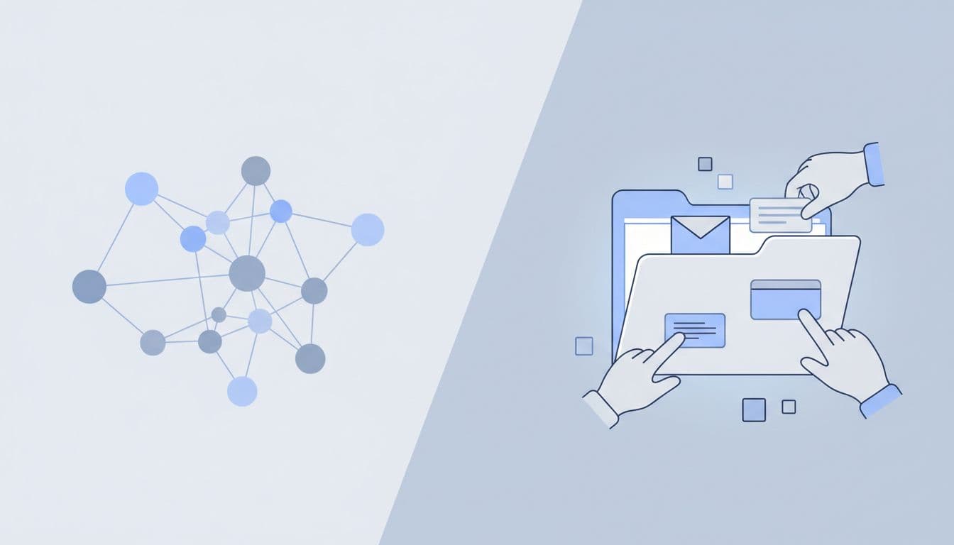 A minimalist graphic displays two distinct communication methods. On the left, connected dots illustrate group networks, while the right side features a digital folder being organized by multiple reaching hands.
