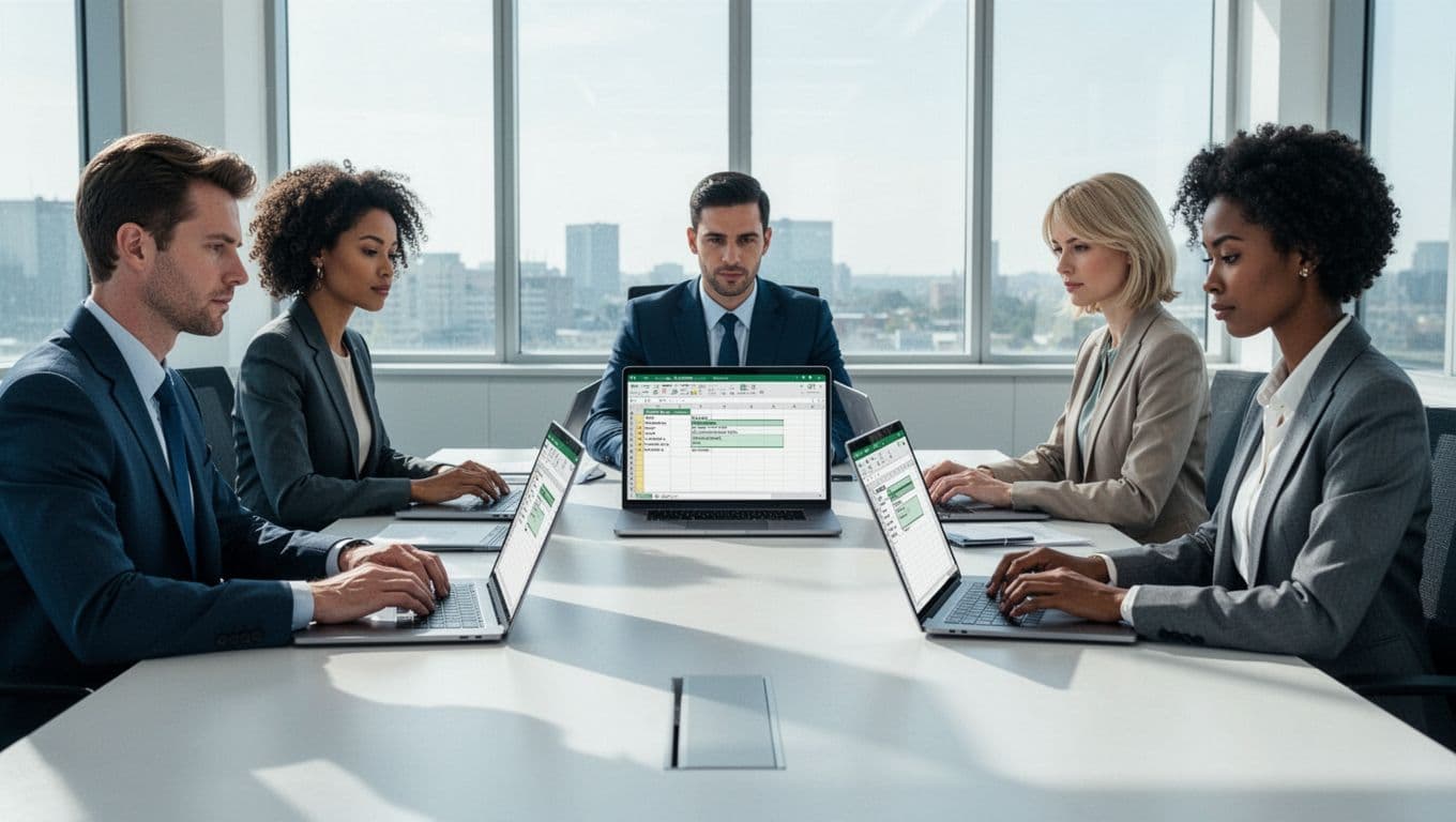 Three diverse professionals edit shared spreadsheet on laptops in bright conference room.
