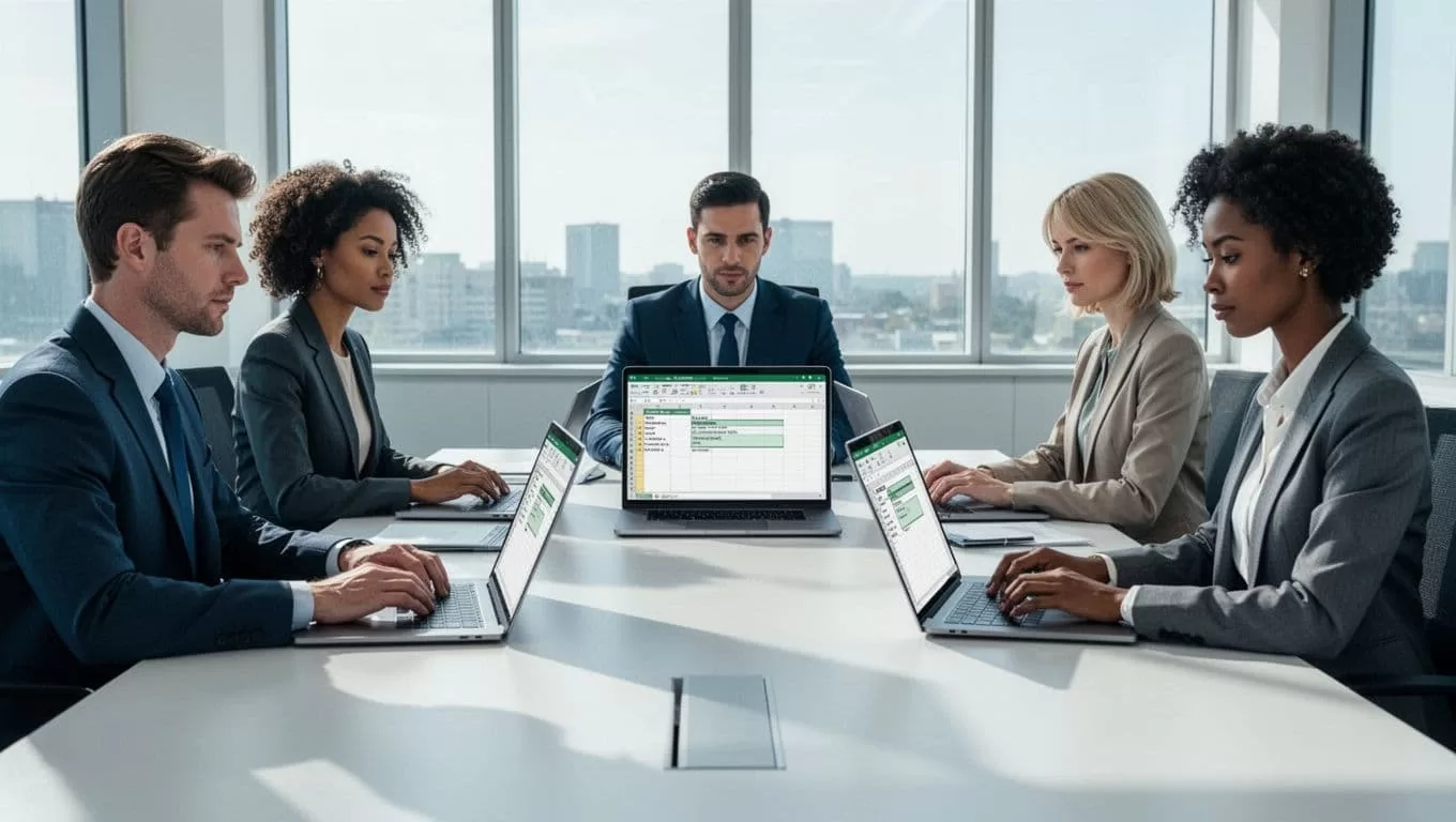 Three diverse professionals edit shared spreadsheet on laptops in bright conference room.