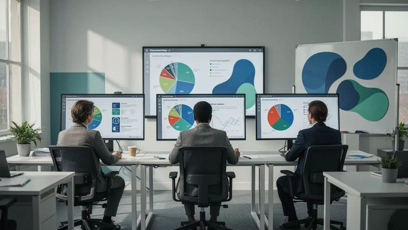 Three team members at desks view customer segment charts on screens with team icons.