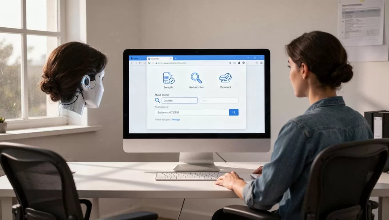 Person observes computer screen showing agent running browser search and form-filling tasks in simple office.