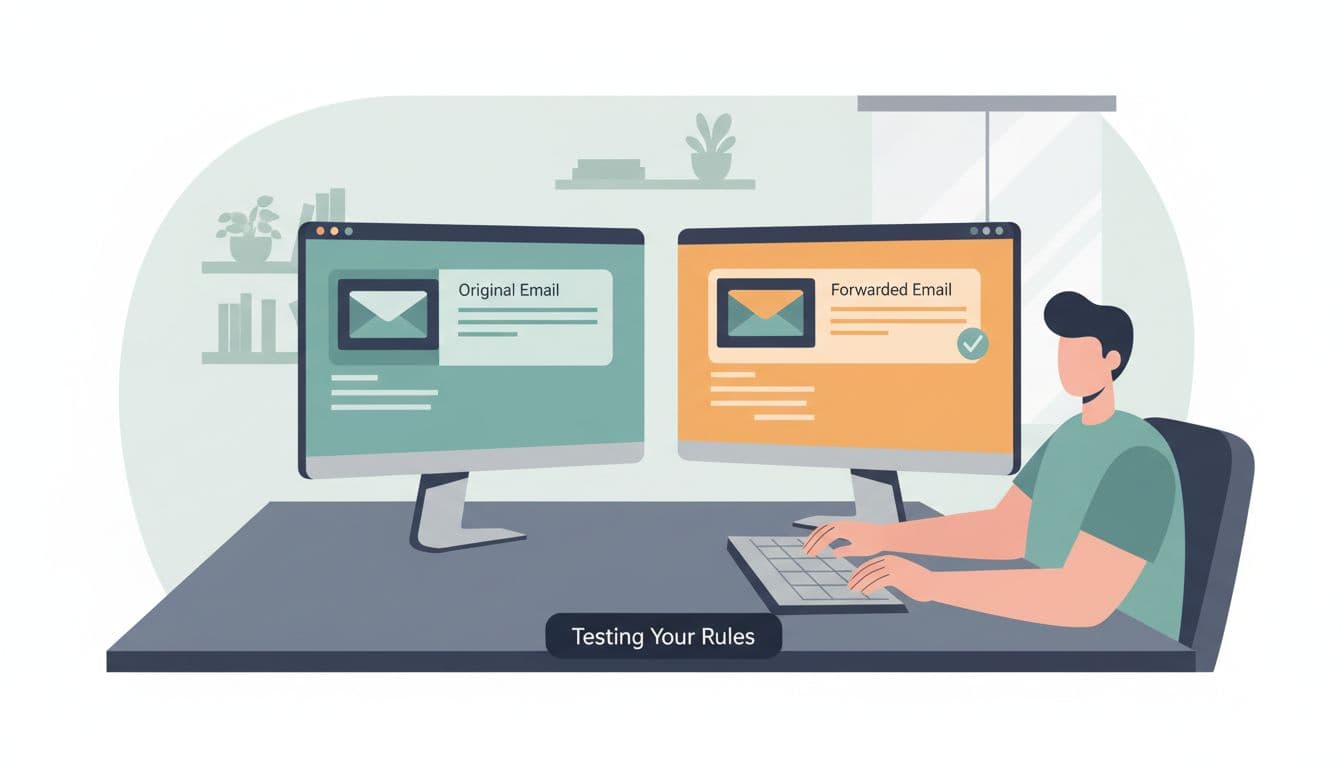 Person at desk checks inboxes on two screens, one displaying forwarded email with success checkmark.
