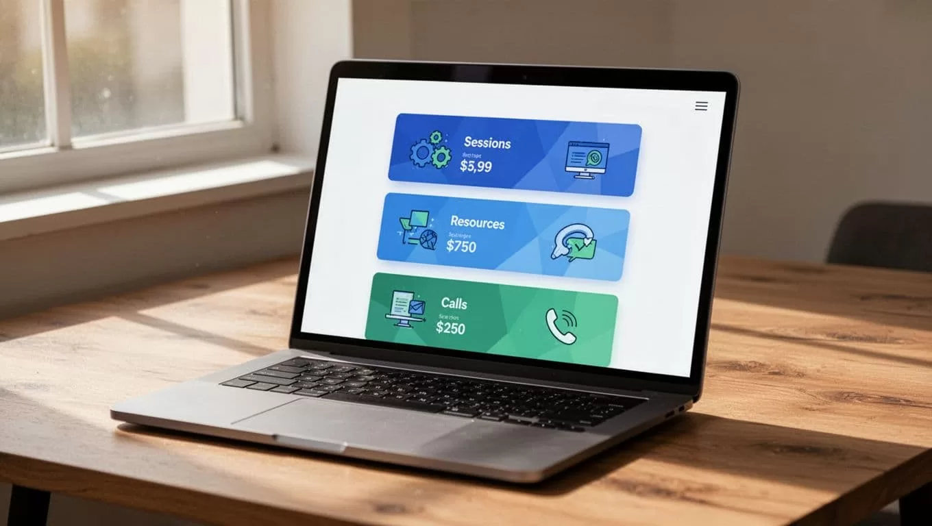 Laptop on wooden desk shows webpage mockup with three vertical tiered pricing cards and icons in blues and greens.