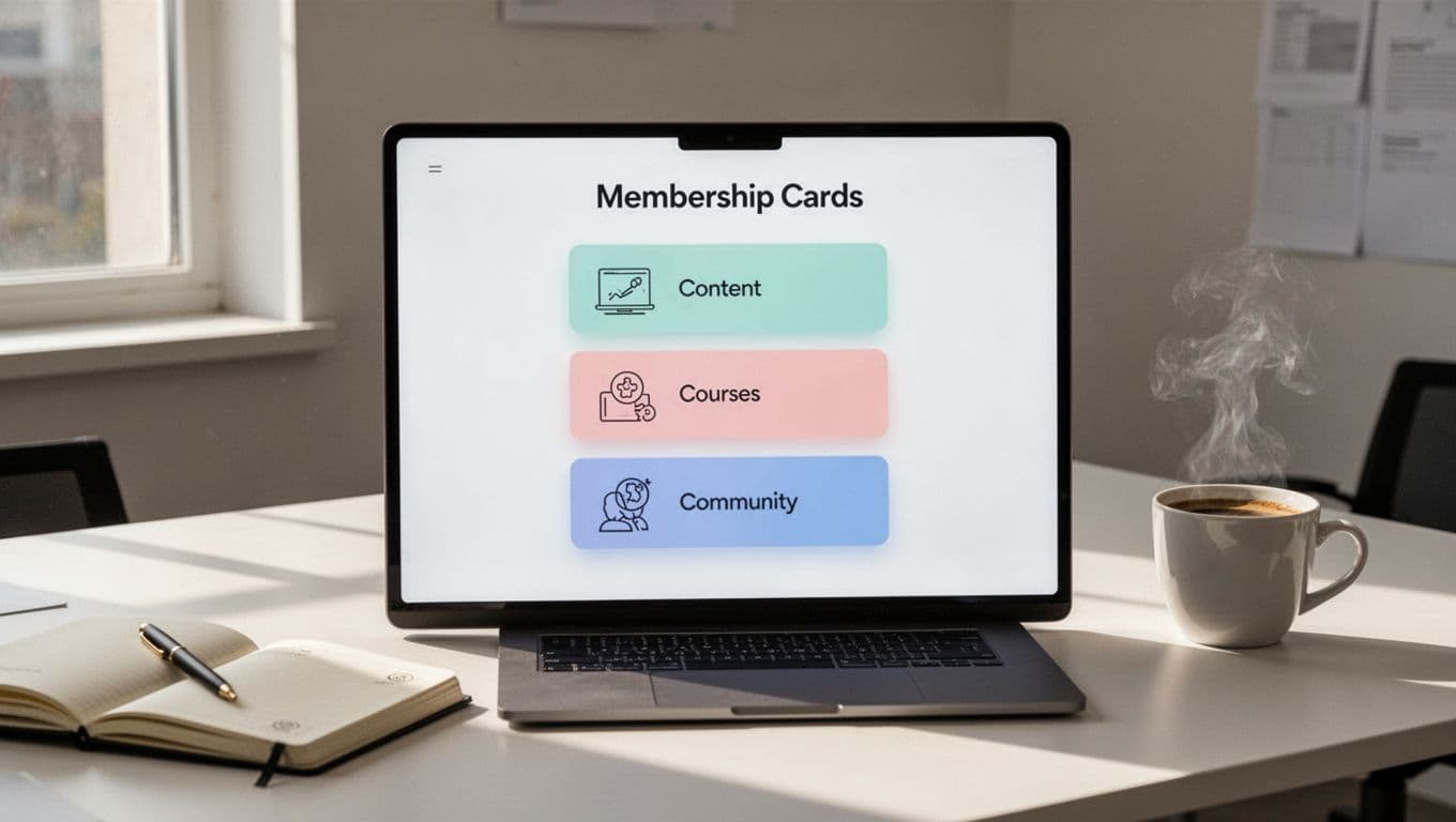 Digital screen shows basic, premium, pro membership tiers with icons for content, courses, community on office table with notebook and coffee.