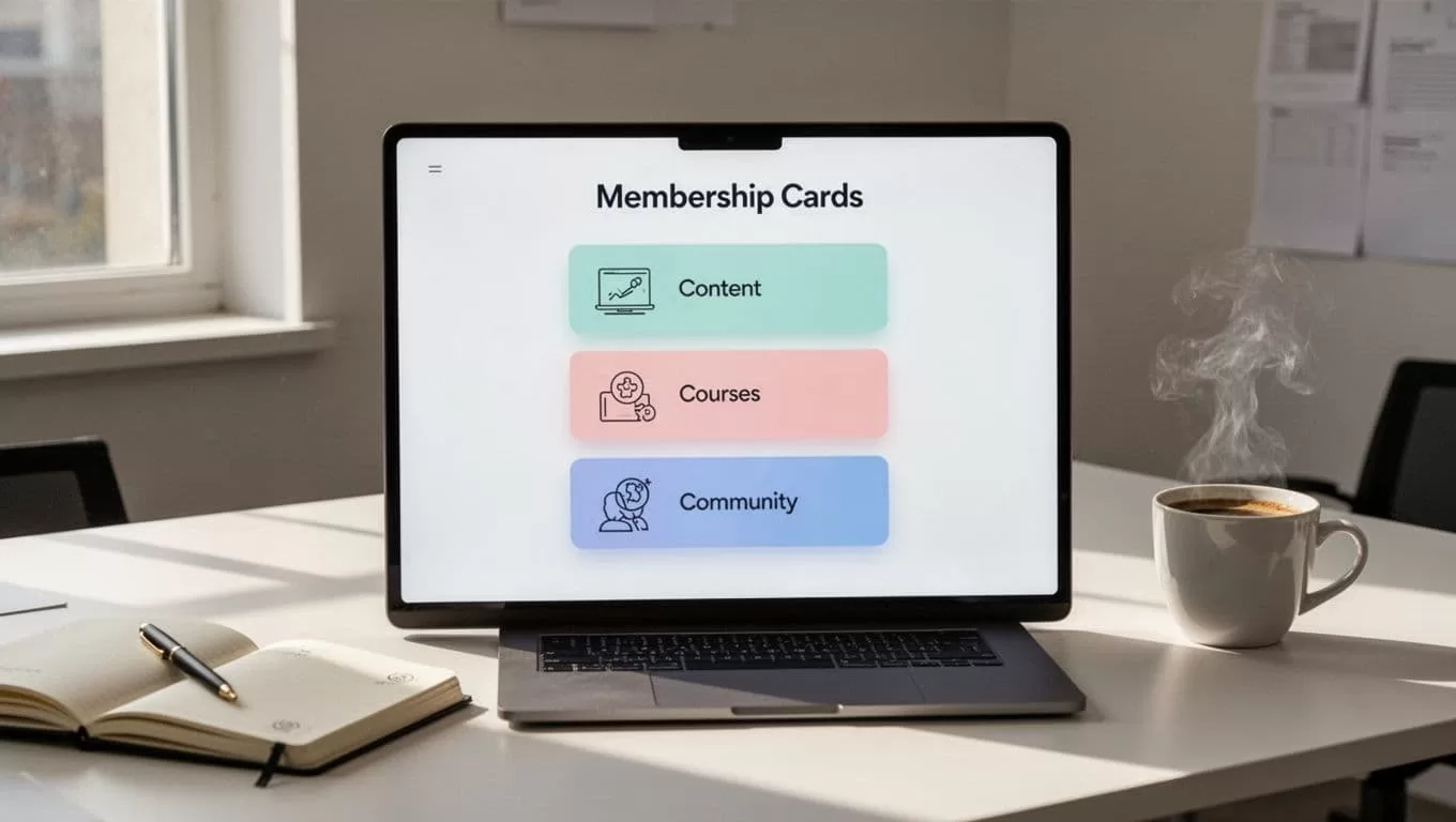 Digital screen shows basic, premium, pro membership tiers with icons for content, courses, community on office table with notebook and coffee.