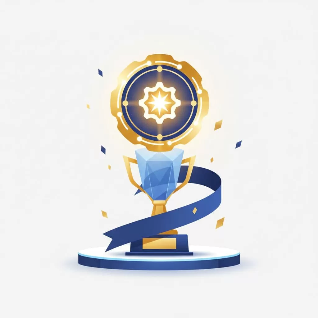 Centered glowing badge trophy emblem on podium with subtle confetti and ranking ribbon in gold-blue palette.