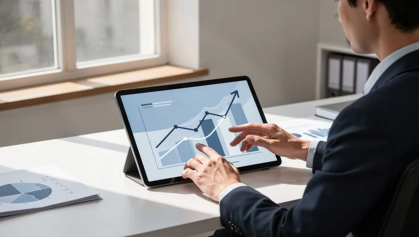 A person reviews financial growth charts and trend lines on a digital tablet in a bright home office.