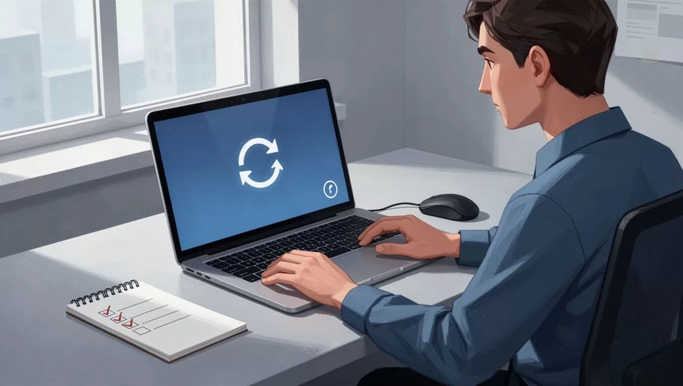 Focused person at desk with laptop showing error icon and refresh button, hands on mouse, checklist notepad nearby.