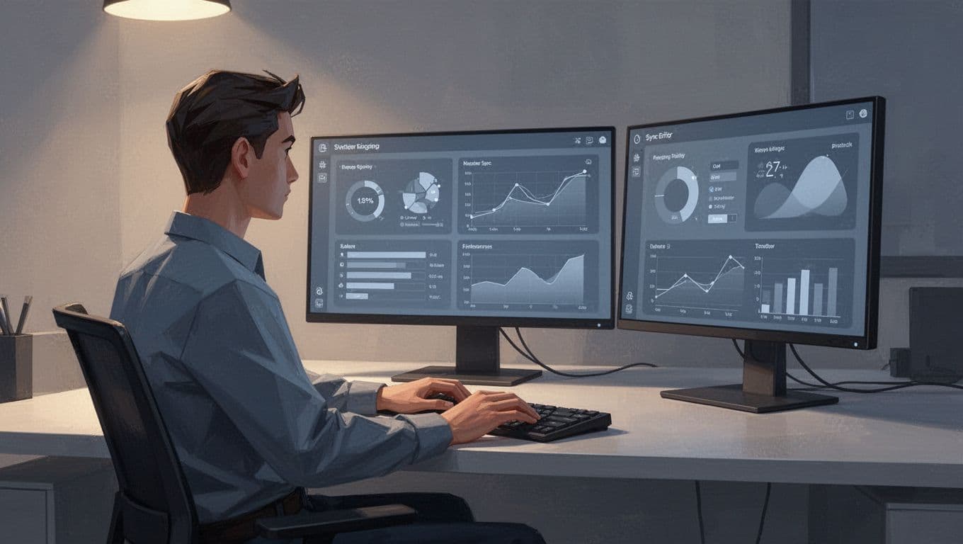 Person at desk troubleshoots sync error on dual monitors with Recurly and Baremetrics tabs open, hands on keyboard.
