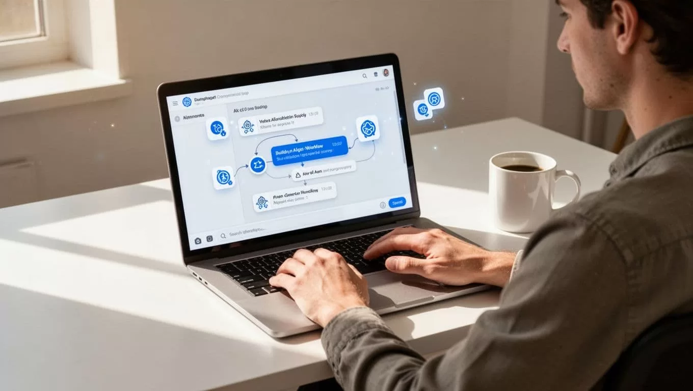 Person at clean desk with laptop showing chat interface for Twin.so agent workflow, browser automation icons, coffee mug nearby.
