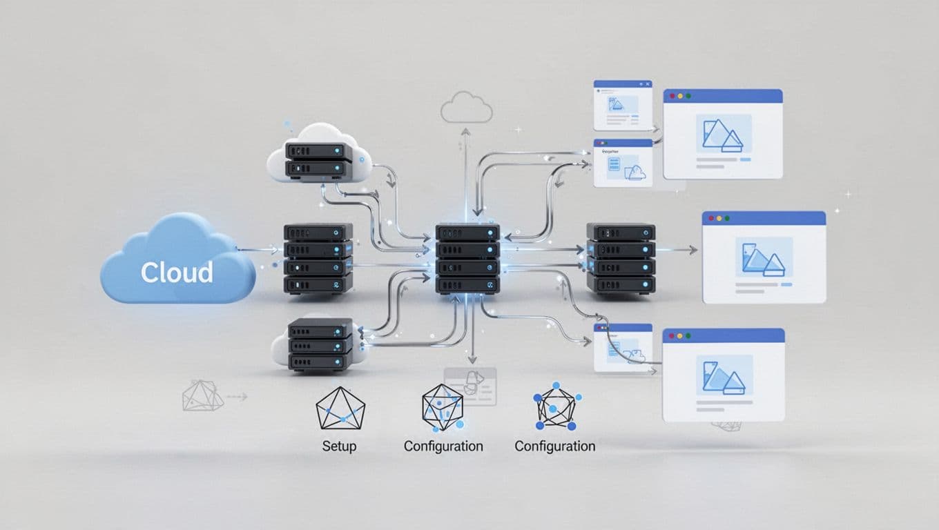Cloud servers connect to Puppeteer browser instances via data flow arrows with setup, config, and job icons.