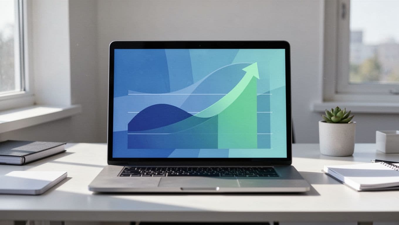 Laptop on clean desk shows minimalist Twin.so dashboard with upward-trending connection graphs and safe limits in blue-green palette.