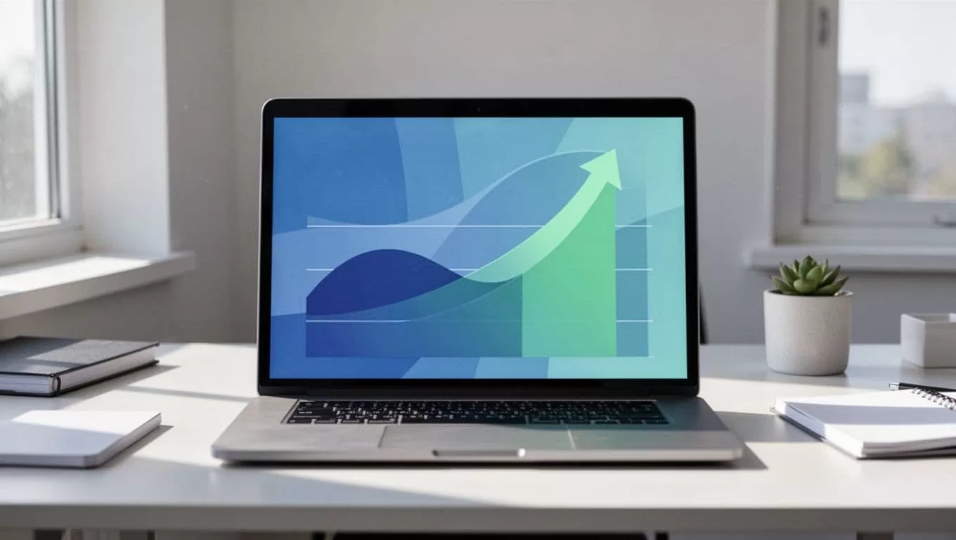 Laptop on clean desk shows minimalist Twin.so dashboard with upward-trending connection graphs and safe limits in blue-green palette.