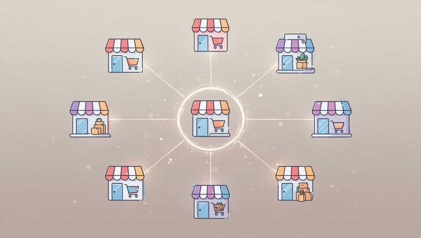 A central Twin.so hub connects various ecommerce storefront icons with glowing lines on a neutral background.