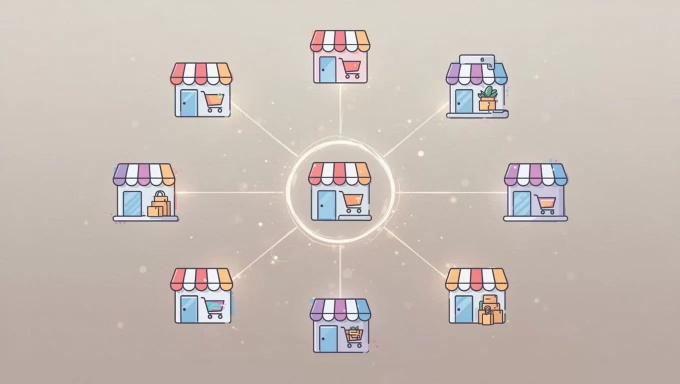 A central Twin.so hub connects various ecommerce storefront icons with glowing lines on a neutral background.