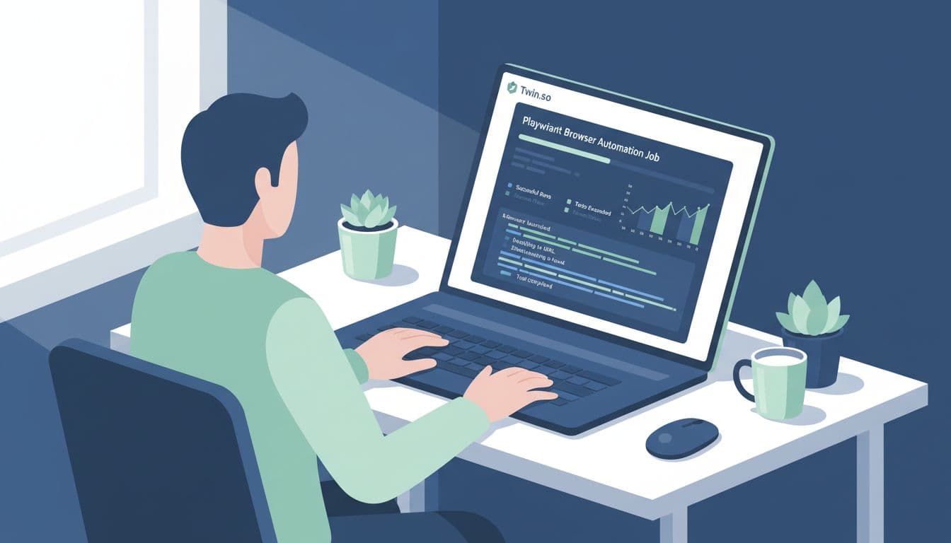 Illustration of developer at clean desk with laptop showing Twin.so dashboard running browser automation job, graphs, and logs.