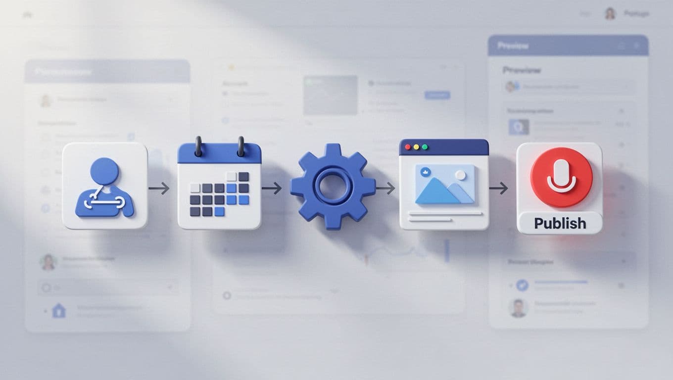 Digital interface with step-by-step UI icons for account connection, calendar setup, post preview, and publish.