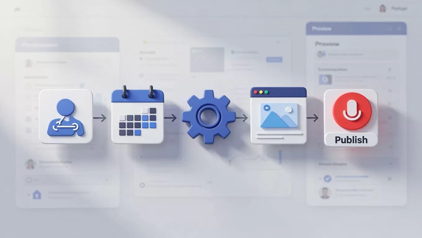 Digital interface with step-by-step UI icons for account connection, calendar setup, post preview, and publish.