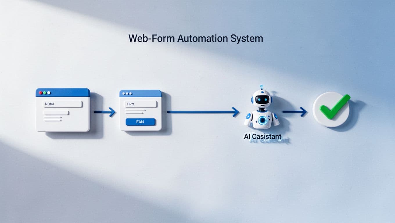 Flowchart diagram shows steps to set up Twin.so for web form filling with browser, form fields, AI agent, and success icons.
