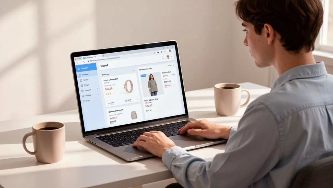 Laptop screen displays Twin.so dashboard featuring Amazon product page in browser interface; focused worker at desk with coffee mug.