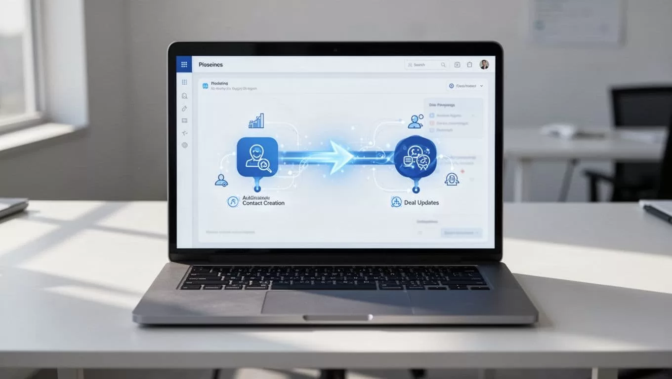 Laptop screen displays Twin.so dashboard linked to HubSpot icon by data pipeline with flowing automation icons on subtle office desk.