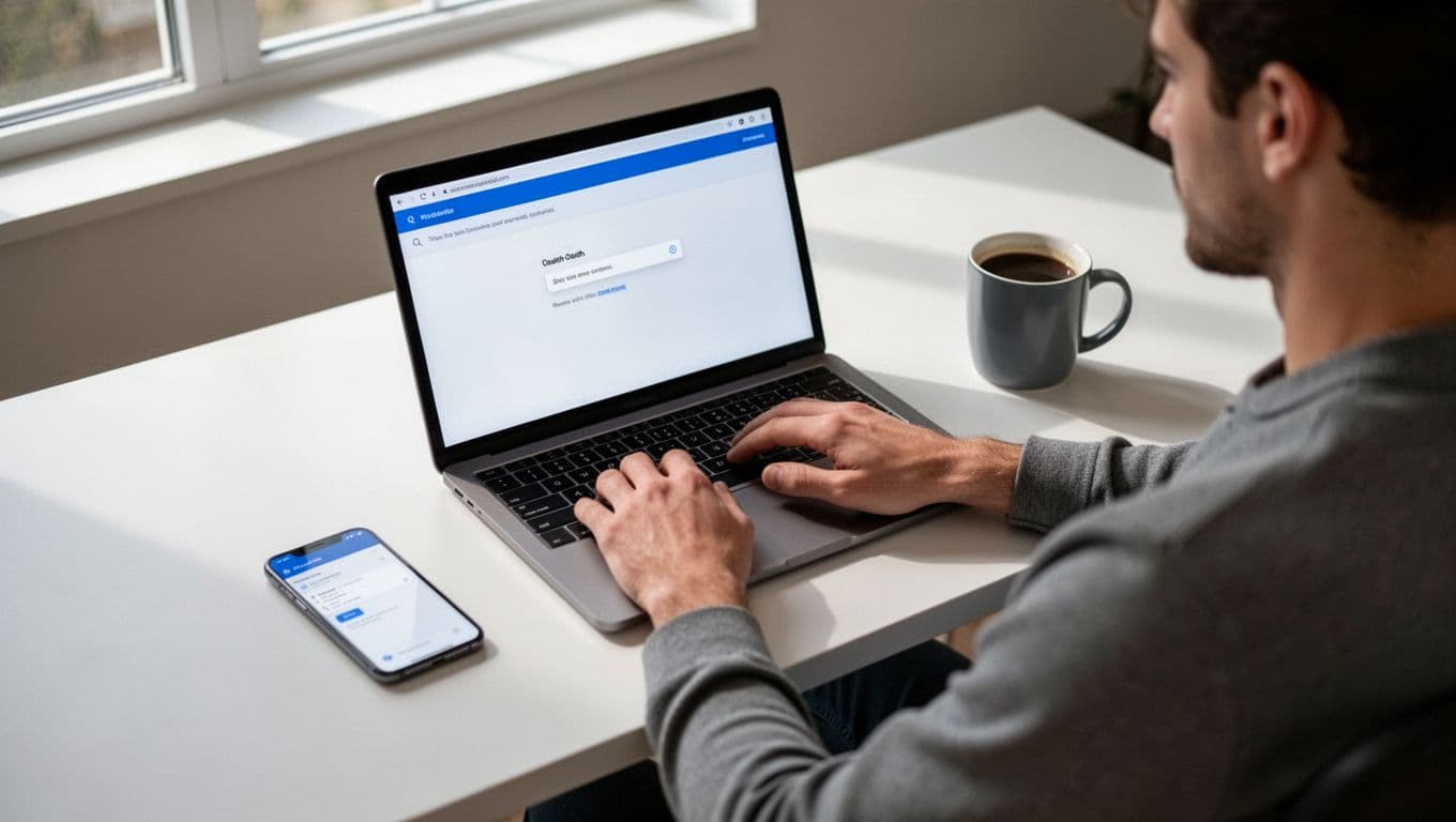Person at modern home office desk connects Salesforce via OAuth on laptop screen showing simple blurred dashboard, coffee mug and phone nearby.