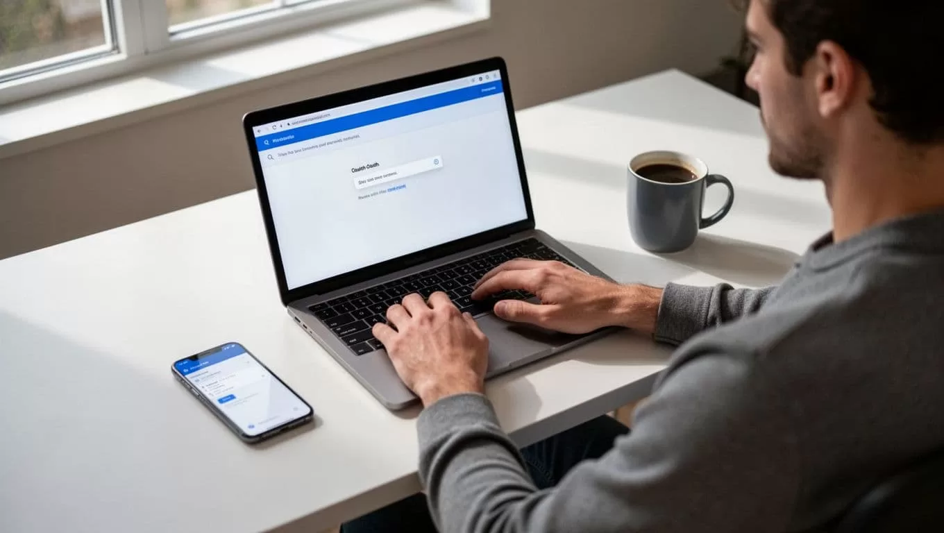 Person at modern home office desk connects Salesforce via OAuth on laptop screen showing simple blurred dashboard, coffee mug and phone nearby.