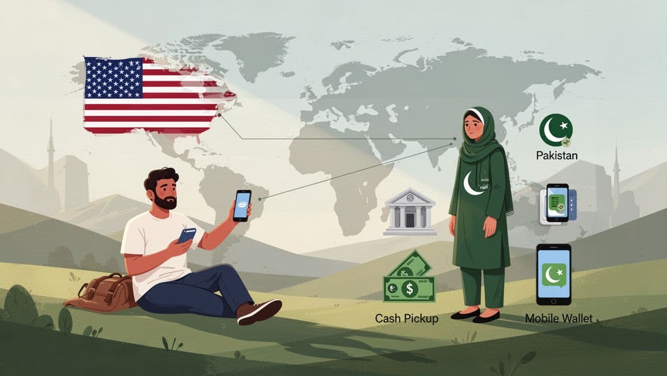 Flowchart shows money sent from US phone to Pakistan via bank deposit, cash pickup, or mobile wallet icons, with subtle US-Pakistan map and relaxed sender-recipient figures.