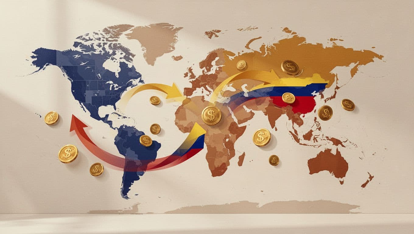 World map highlights USA-Colombia connection with arrows and coins flowing between them.