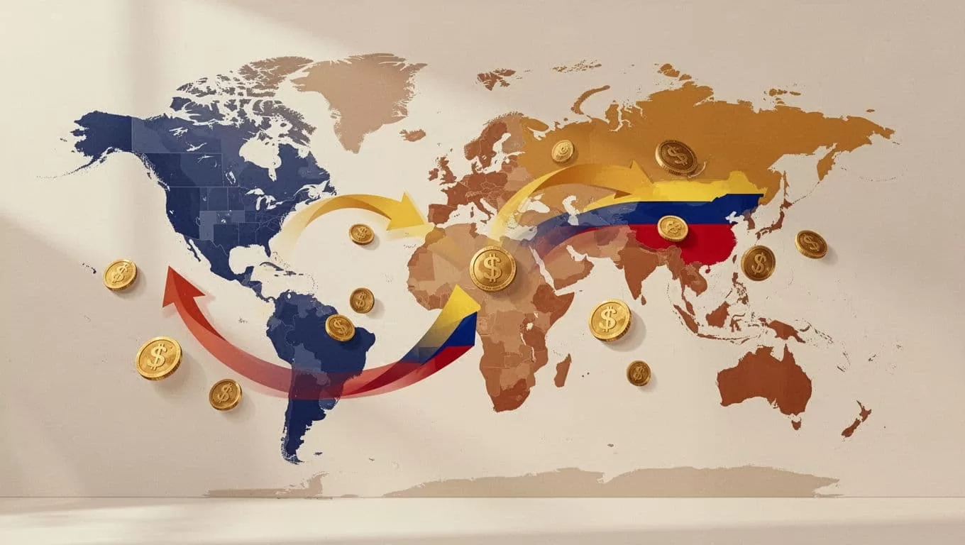 World map highlights USA-Colombia connection with arrows and coins flowing between them.