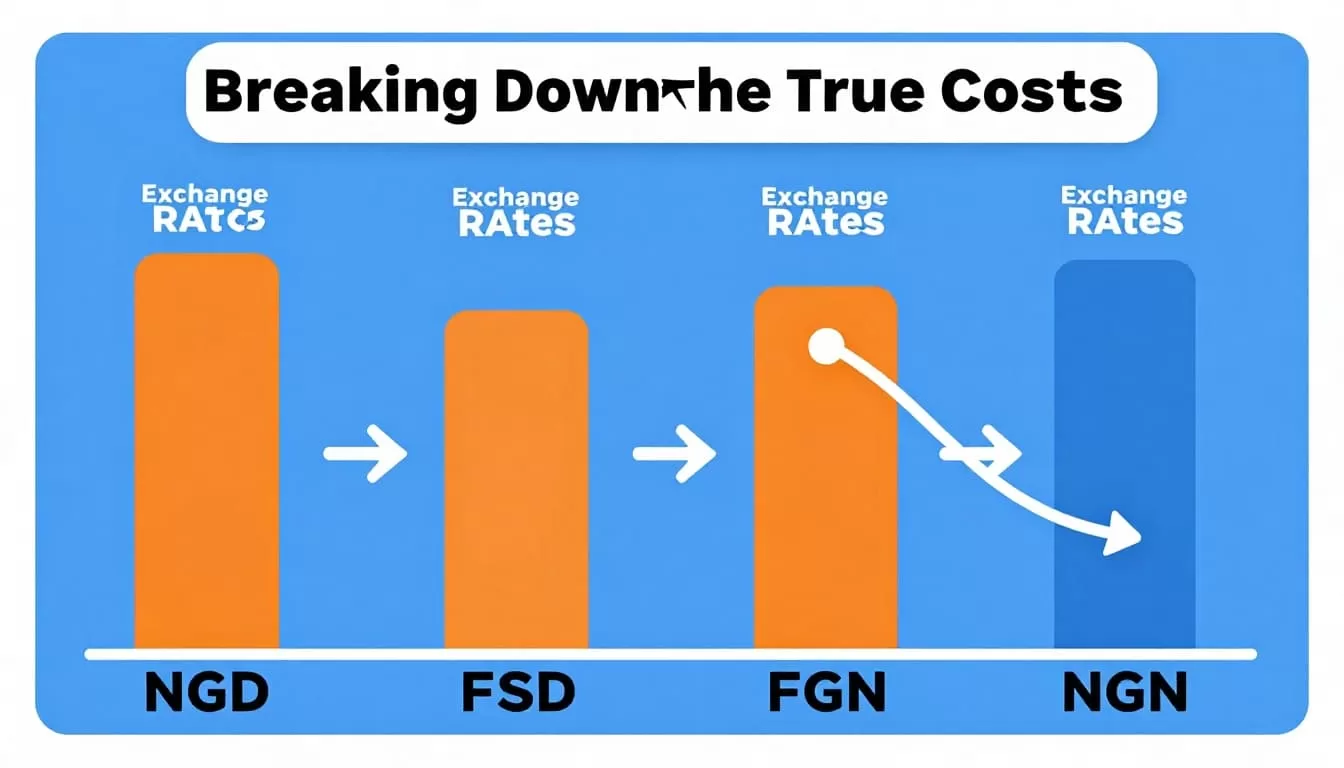 Side-by-side bar charts compare fees, exchange rates, and total USD to NGN amounts received using blues and oranges.