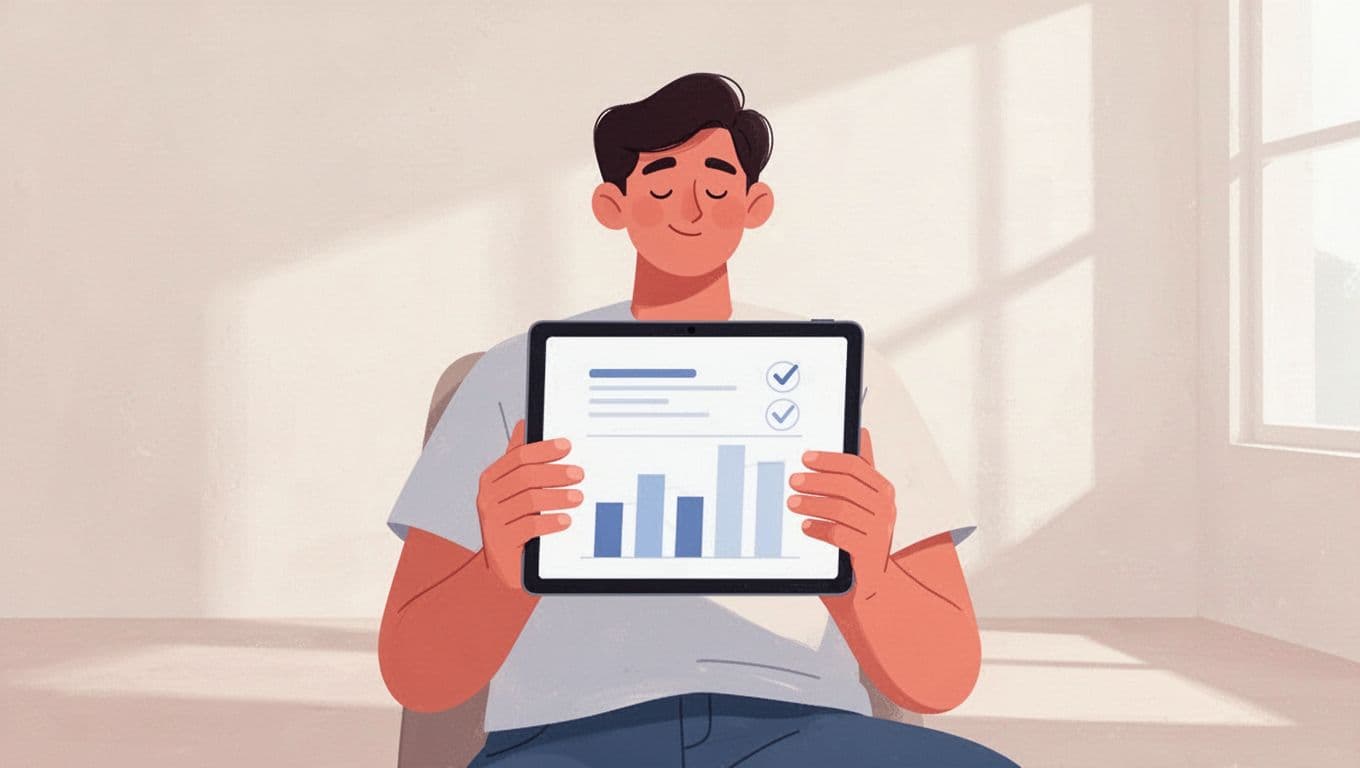 A person holds a tablet displaying bar charts and checkmark icons to verify information.