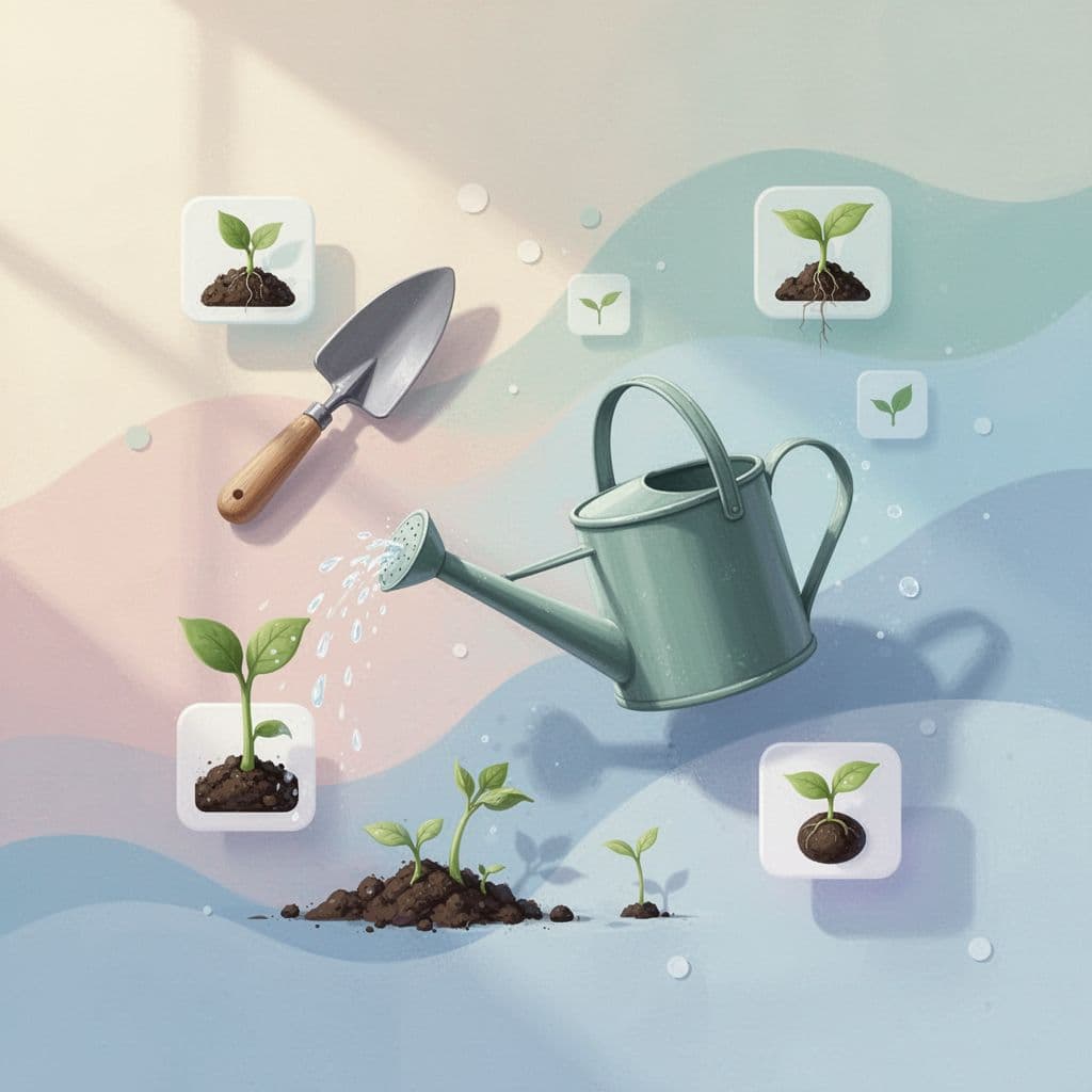 Modern illustration of online community platform with abstract digital trowel, watering can, and sprout icons in pastel colors.
