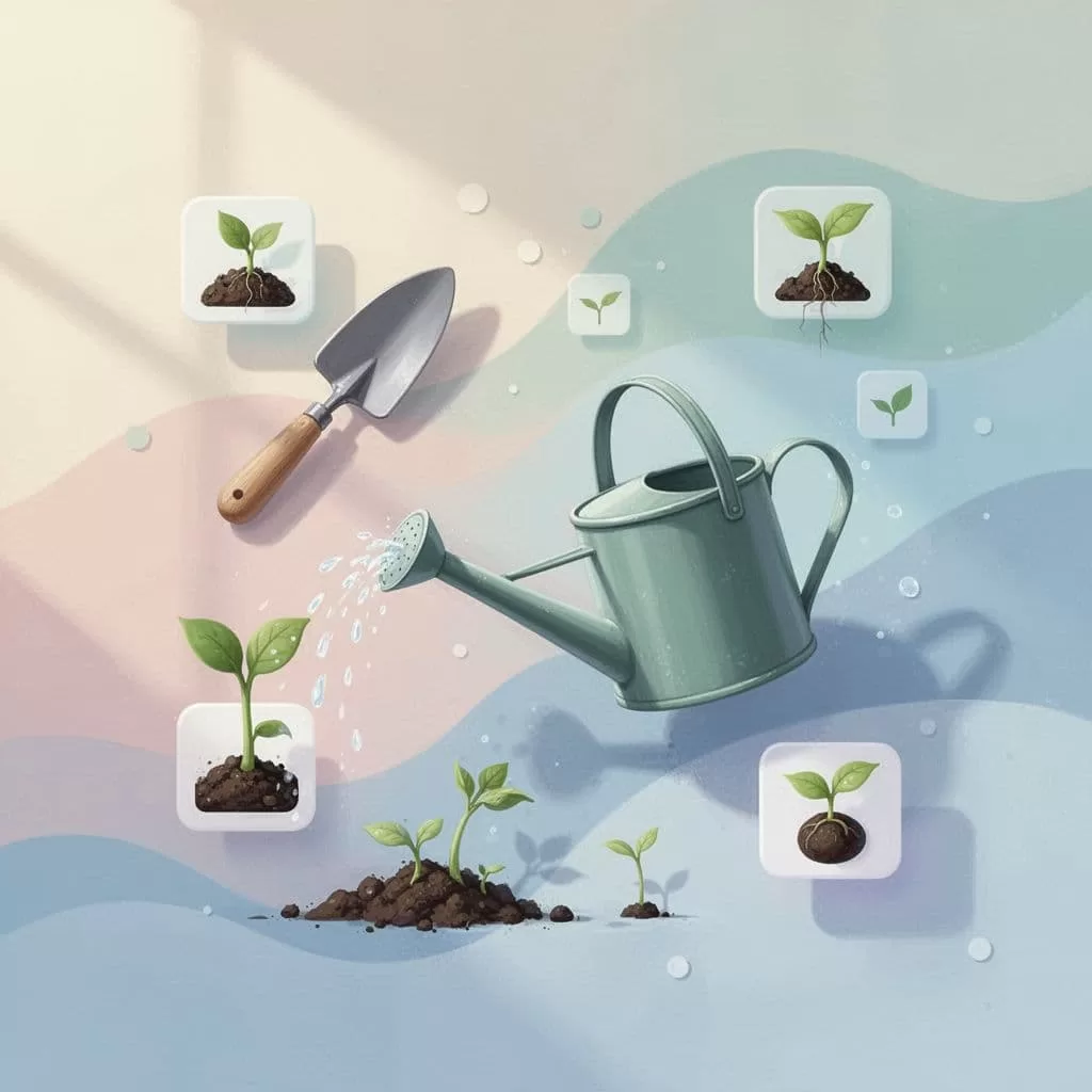 Modern illustration of online community platform with abstract digital trowel, watering can, and sprout icons in pastel colors.