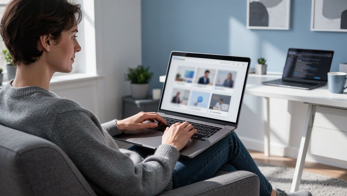 Person in cozy home office relaxes with laptop open to blurred dashboard previews of courses and resources.