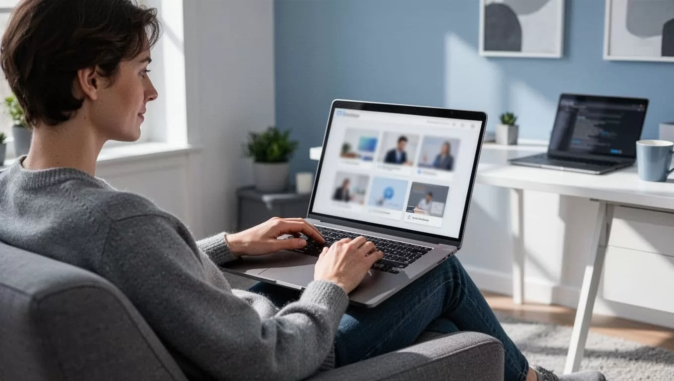 Person in cozy home office relaxes with laptop open to blurred dashboard previews of courses and resources.