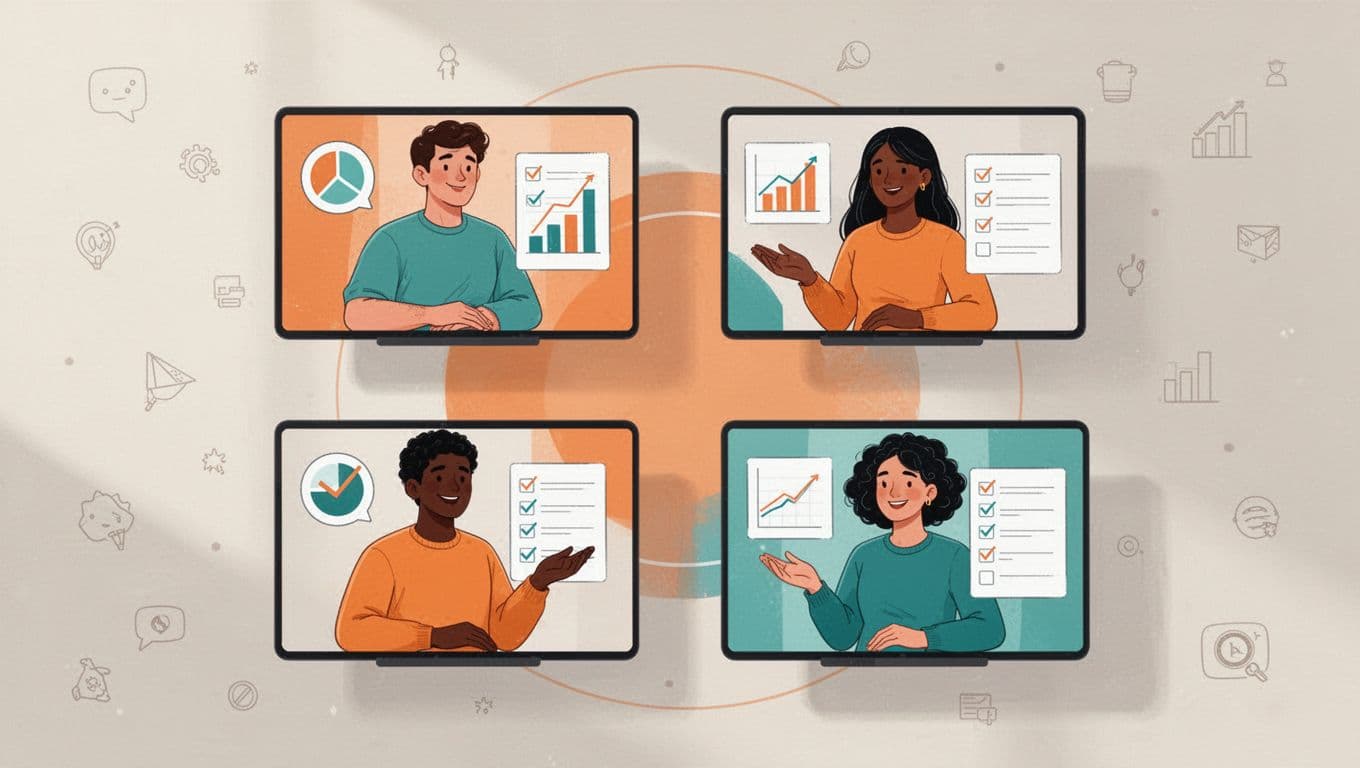 Four diverse people on circular screens in a video call, sharing progress charts with relaxed poses.
